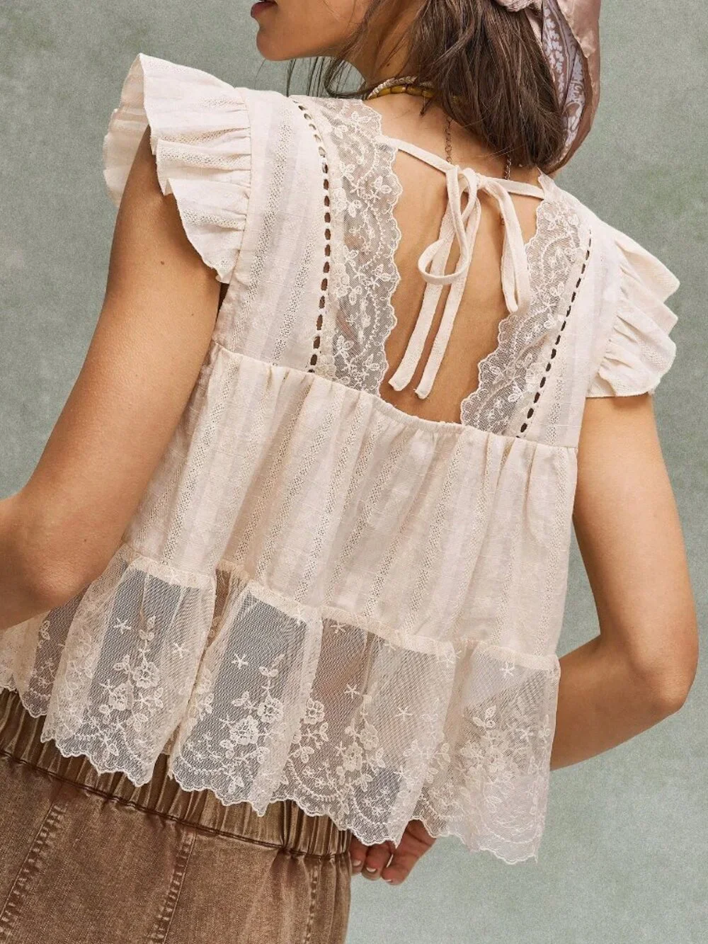 Apricot Casual Women's Vacation V-Neck Front Tie Blouse with Lace Trim